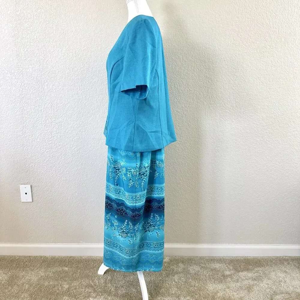 Koret Dress Turquoise Floral Maxi Dress Jacket Set Embroidered 2 Piece Womens 16